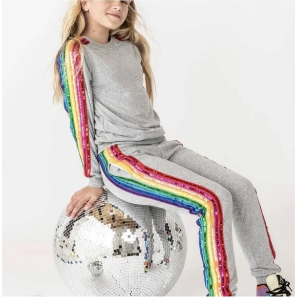 Lola + The Boys Other - Lola + The Boys Kids Gray Rainbow Sequin Stripe Jogger Sweatpants Size 10